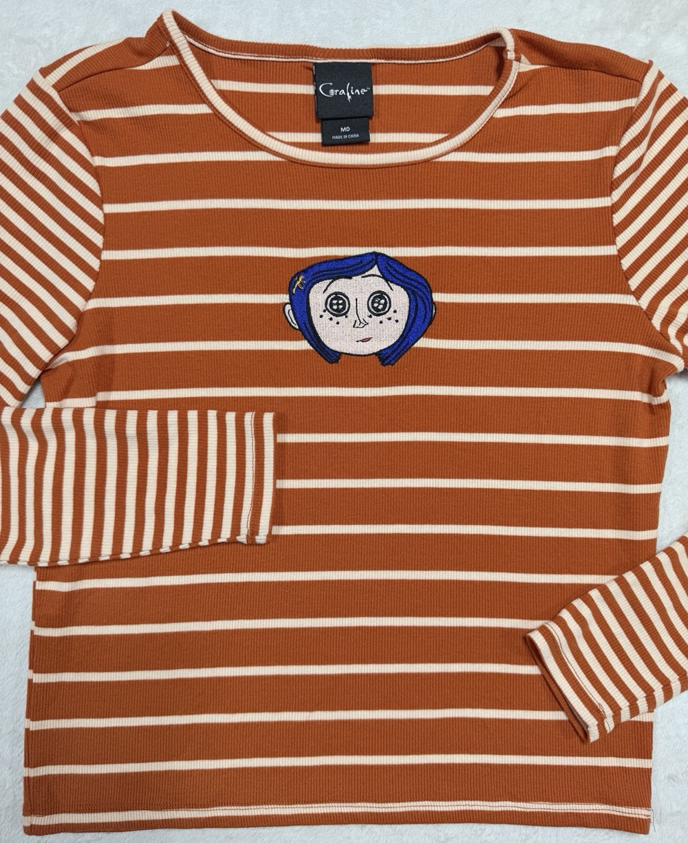 Coraline Striped Shirt Womens Medium Orange Long Sleeve Whimsigoth Goth Sz Med